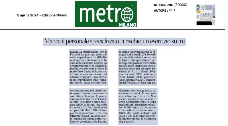 Metro: "Manca il personale specializzato, a rischio un esercente su tre"